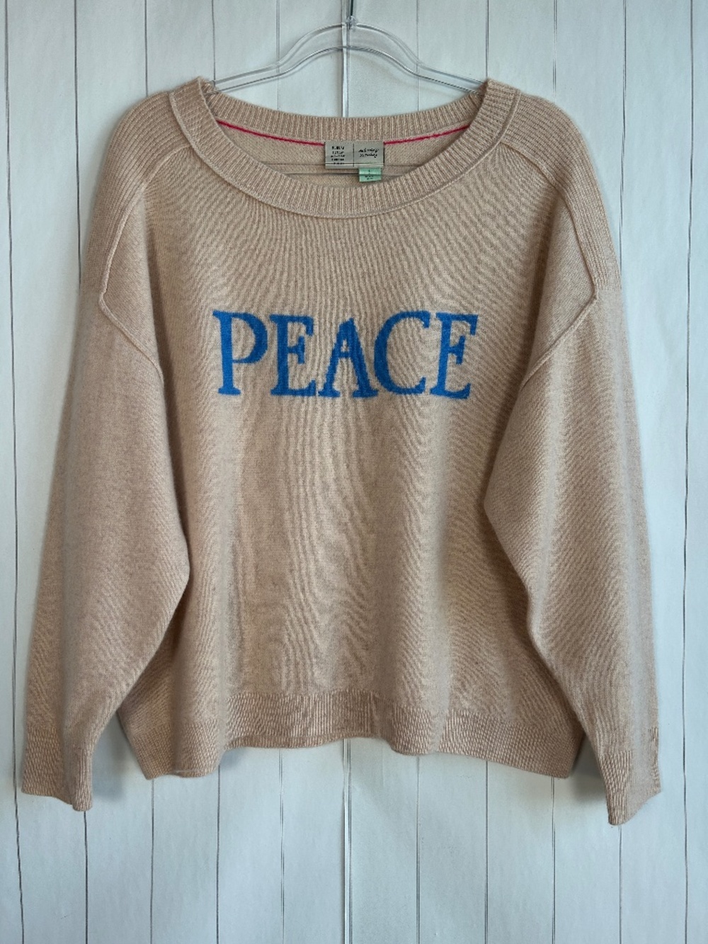 Anthropologie Saturday Sunday size L pullover sweater PEACE tan 100% cashmere